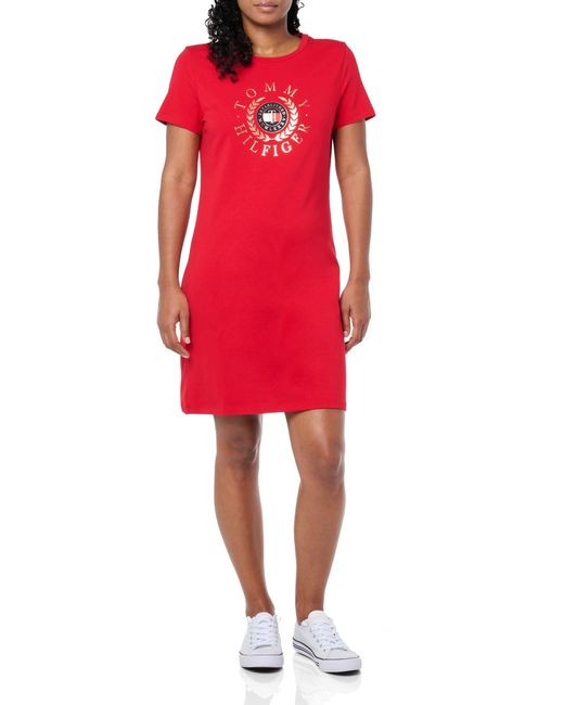 Tommy Hilfiger Red Short Sleeve Metallic Logo Cotton T-shirt Dress Casual