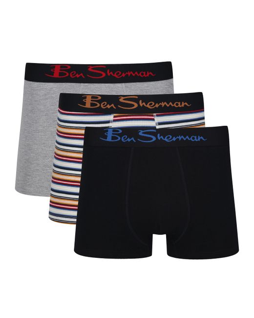 Boxer Shorts in Black/Stripe/Grey | Cotton Rich Trunks with Elasticated Waistband di Ben Sherman da Uomo