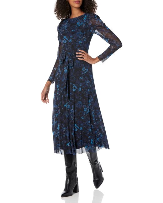 Anne Klein Blue Puff Sleeve Midi Dress W/self Sash