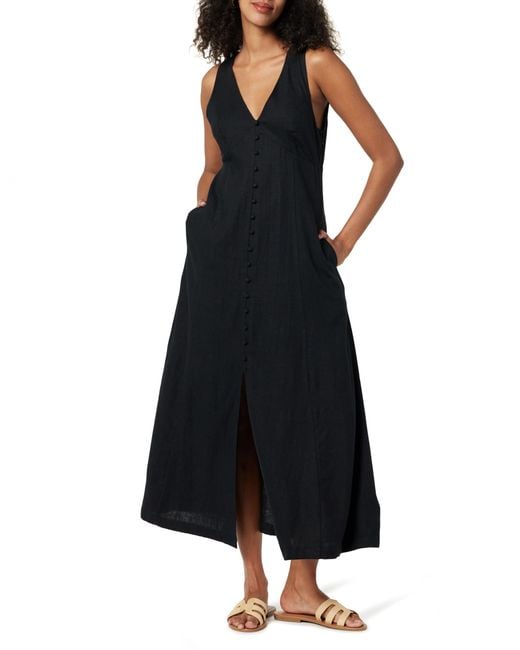 Blanca Linen Button Front V-Neck Maxi Dress Vestiti di The Drop in Black