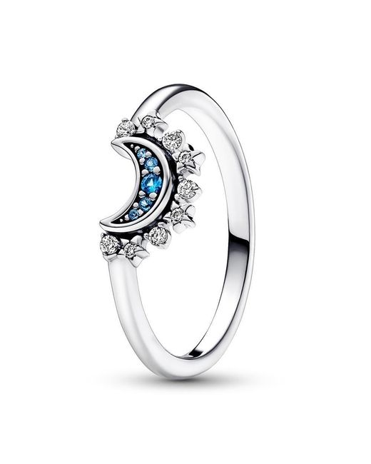 Pandora Metallic Moments Celestial Sparkling Moon Sterling Silver Ring With Night Blue Crystal And Clear Cubic Zirconia