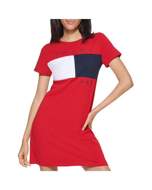 Tommy Hilfiger Red S Short Sleeve Big Flag Dress