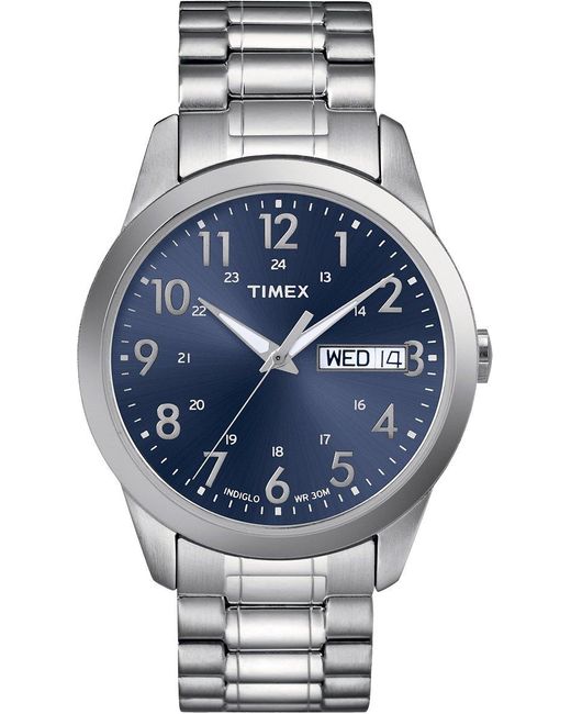 Timex TW2P67300 Indiglo Silver Tone Expansion Bracelet Day Date Blue Dial Watch in Gray für Herren