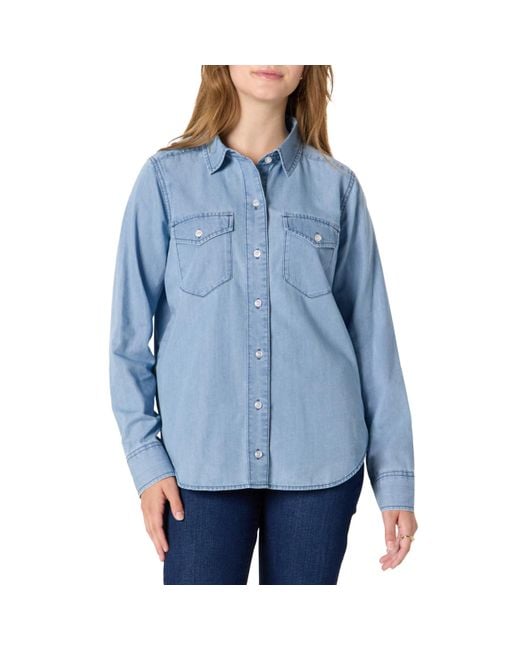 Camisa de Cambray Vaquero con Botones y ga Larga de Corte Holgado Mujer Amazon Essentials de color Blue