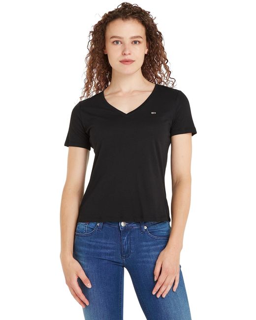 T-shirt iche Corte Donna TJW Slim Soft Scollo a V di Tommy Hilfiger in Black