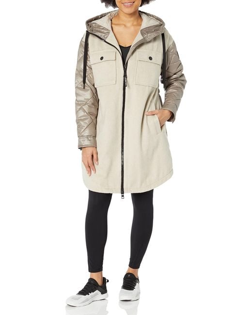 Calvin Klein Natural Faux Wool Mix Coat With Quilted Back And Sleeves Zip Front Hooded Jacket