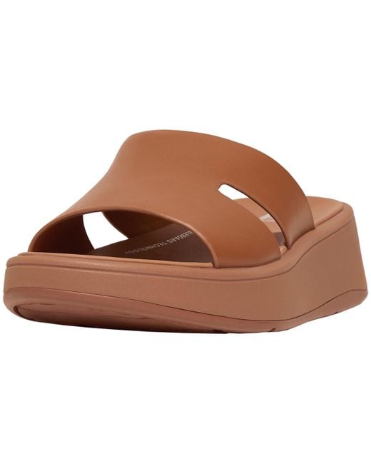 Fitflop Brown F-mode Raw-edge Leather Flatform H-bar Slides Wedge Sandal