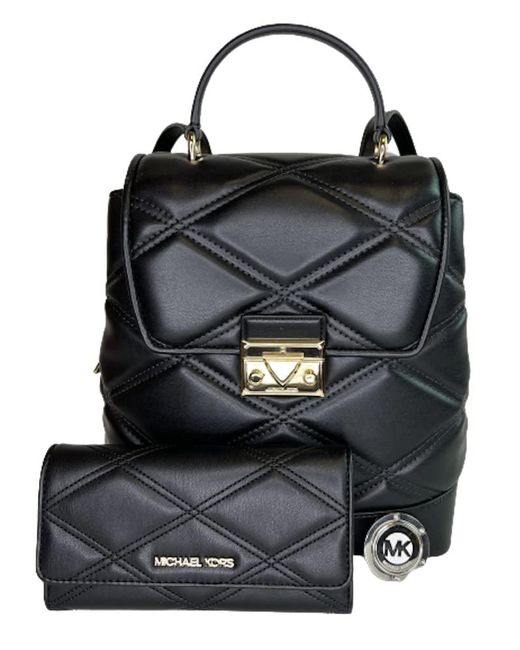 michael kors Black Serena Md Flap Backpack Bundled With Trifold Wallet And Purse Hook