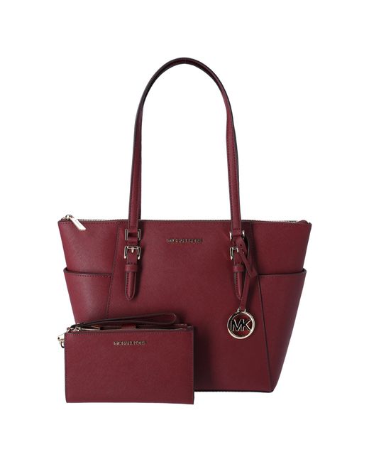 Michael Kors Red Charlotte Top Zip Leather Tote Dark Cherry Leather Bundled Large Double Zip Wristlet