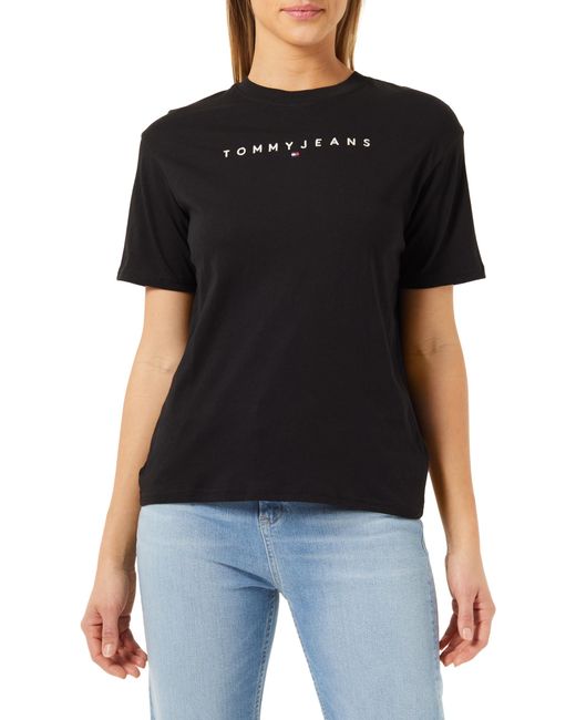 Tommy Jeans Camiseta de ga Corta para Mujer New Linear Tee con Cuello Redondo Tommy Hilfiger de color Black