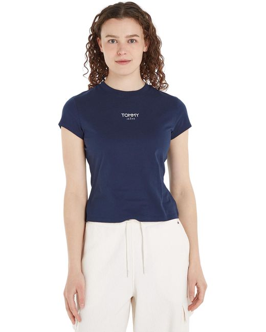 T-shirt Donna iche Corte Essential Logo Scollo Rotondo di Tommy Hilfiger in Blue