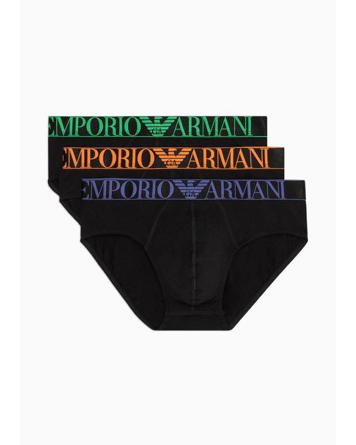Emporio Armani Black Three-pack Of Asv Shiny Logo Waistband Organic-cotton Briefs for men