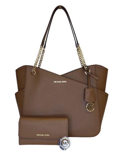 Michael Kors Brown Michael Jet Set Travel Large Chain Shoulder Tote Bundled With Trifold Wallet And Purse Hook