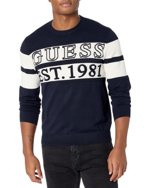 Guess Blue Bruno Long Sleeve Crew Neck Logo Sweater for men