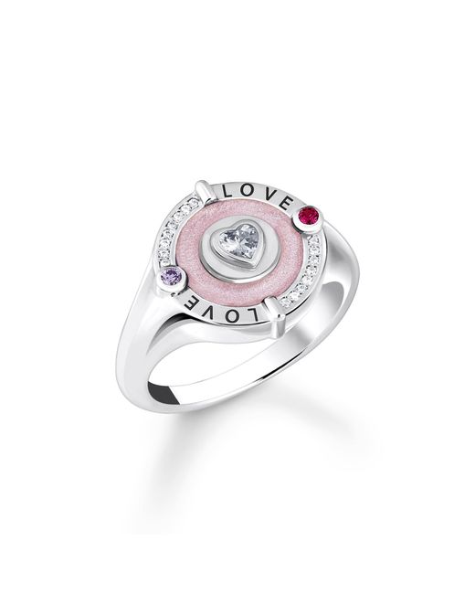 Thomas Sabo White Silver Signet Ring With Stones And Pinkish Cold Enamel 925 Sterling Silver