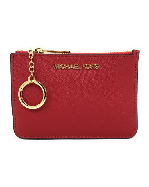 Michael Kors Red Jet Set Travel Small Top Zip Coin Pouch with ID Holder Saffiano Leather