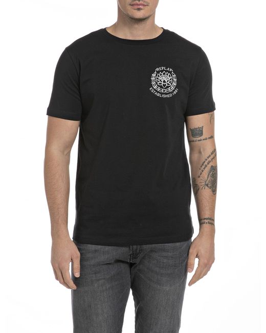 Replay Black T-Shirt Kurzarm Schriftzug und Backprint
