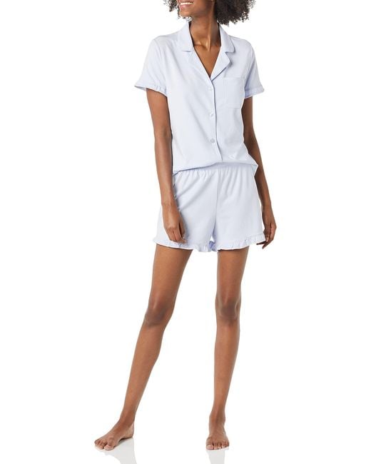 Amazon Essentials Blue Cotton Modal Piped Notch Collar Short Pyjama Set