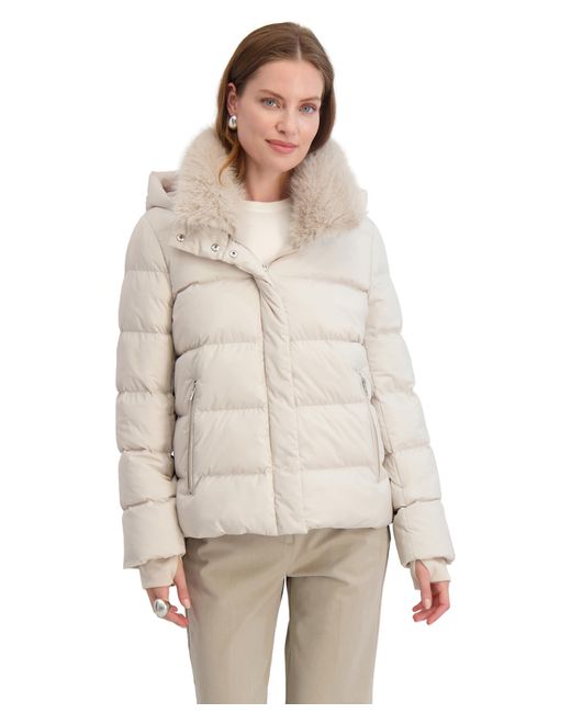 Tahari White Short Quilted Puffer Jacket With Faux Fur Collar & Detachable Hood