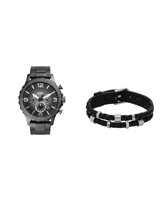Fossil Nate Graue Edelstahl Uhr und Bronson Silberfarbener Armband in Black für Herren