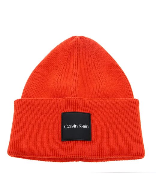 Calvin Klein Red Fine Cotton Rib Beanie Knitted Hat for men