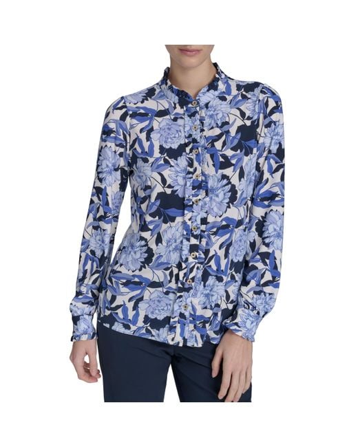 Tommy Hilfiger Blue Long Sleeve Button Up Ruffle Placket Blouse