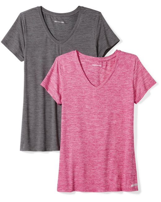 Amazon Essentials Pink Tech-Stretch-T-Shirt mit kurzen Ärmeln und V-Ausschnitt