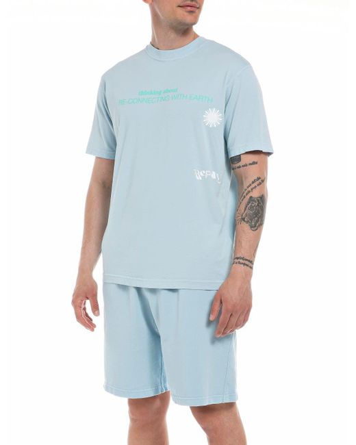 Replay Blue T-Shirt Kurzarm Schriftzug und Backprint