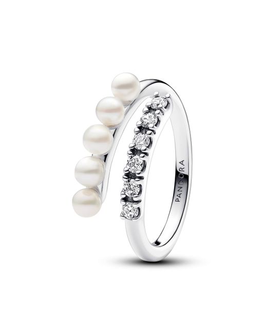 Pandora Timeless Sterling Silver Open Ring With White Treated Freshwater Cultured Pearl And Clear Cubic Zirconia