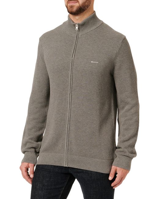 Gant Gray Cotton Pique Zip Cardigan Sweater for men