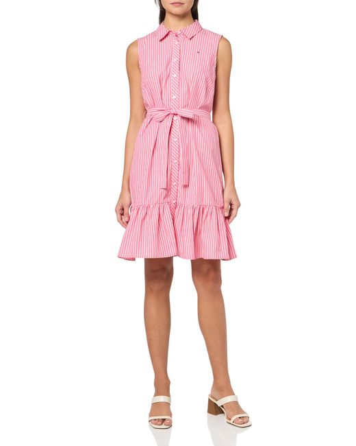 Tommy Hilfiger Women's Pink Ruffle Hem Sleeveless Shirt Dress Casual