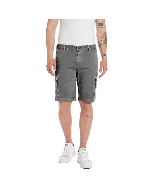 Replay Gray Hyperflex Cargo Shorts With Stretch