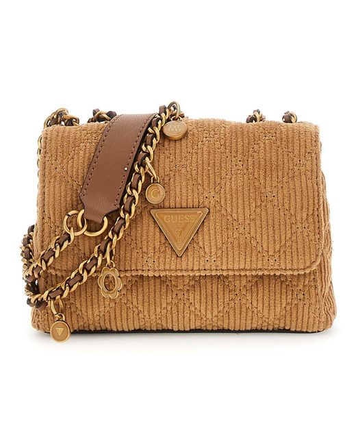 Guess Metallic Umhängetasche Schultertasche Giully II Mini 2 Compartment Convertible Flap Cognac braun