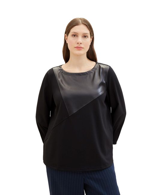 Tom Tailor Black Plussize Langarmshirt mit Fake-Leder Detail