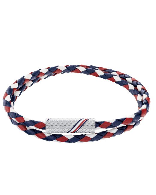 Tommy Hilfiger Jewelry Stainless Steel & Th Red & White & Blue Leather Rope Bracelet,color: Red White Blue for men