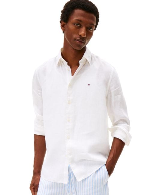 Tommy Hilfiger Men's White Long Sleeve Casual Linen Button Down - Main Image