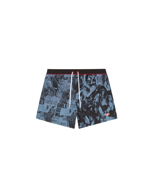 DIESEL Blue Mid-length Swim Shorts With Graphic Print for men