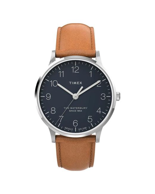 Timex Waterbury Classic 40mm Leather Strap Watch Stainless-Steel/Tan/Blue für Herren