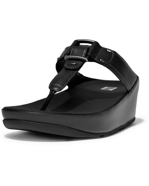 Fitflop Black S Flitta Leather Thong Wedge Sandals