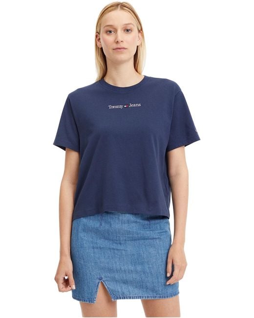 T-shirt Donna iche Corte Serif Linear Tee Scollo Rotondo di Tommy Hilfiger in Blue