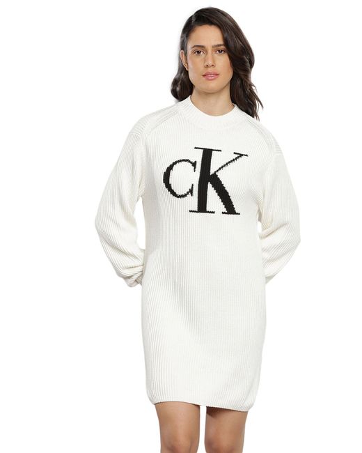 Calvin Klein White Sweater Dress Intarsia Loose Long Sleeve