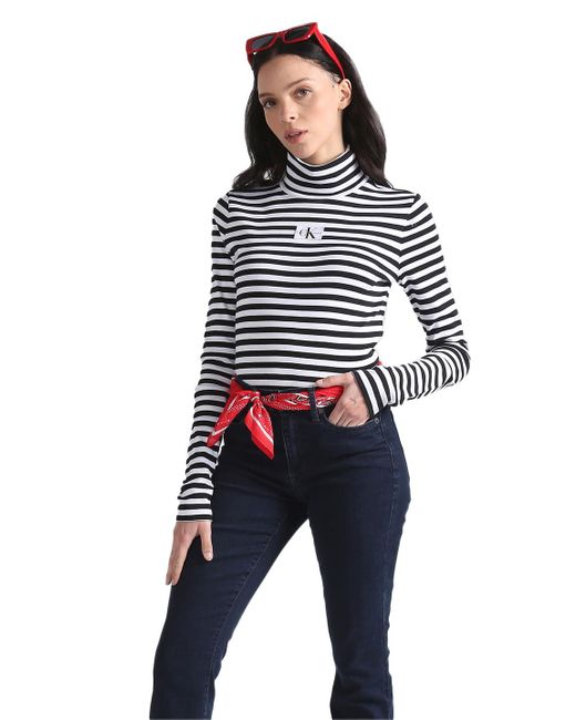 Calvin Klein Jeans Gestreepte Rolhals Voor Andere Gebreide Tops in het Blue
