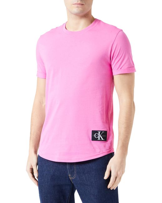 Calvin Klein T-Shirt Kurzarm Badge Turn Up Sleeve Rundhalsausschnitt in Pink für Herren