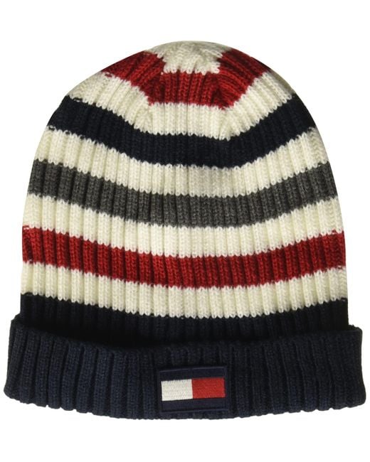 Tommy Hilfiger Striped Ribbed Beanie Hat in Red for Men | Lyst