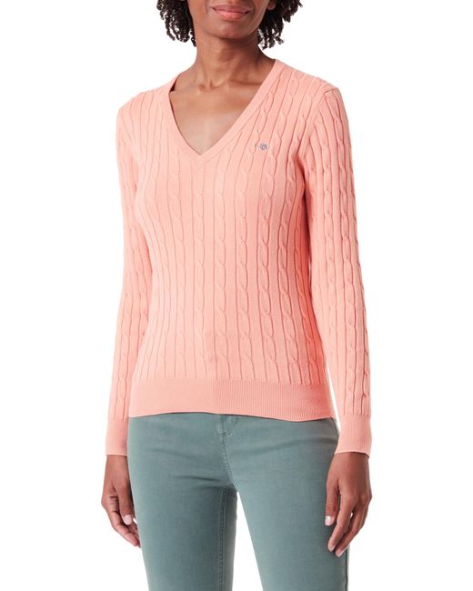 Gant Red S Cotton Cable V Neck Jumper Peachy Pink Xs