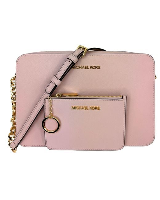 Michael Kors Pink Jet Set Large Saffiano Leather East/west Cross Body Bag With Matching Small Top Zip Coin Pouch