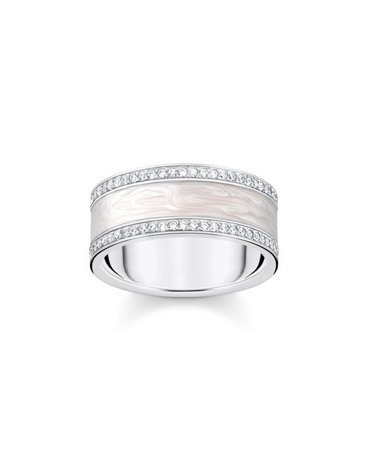 Thomas Sabo White Silver Band Ring With Cold Enamel And Stones 925 Sterling Silver