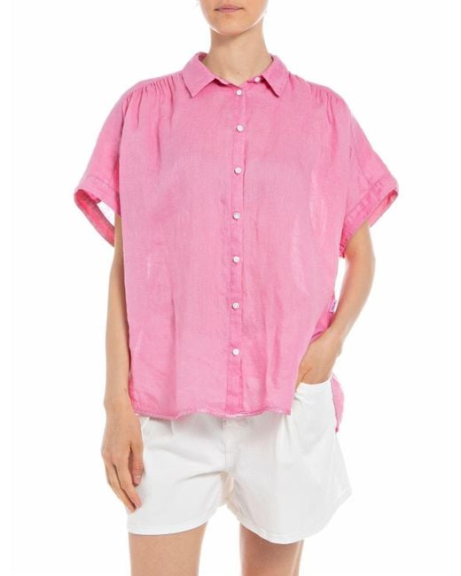 Replay Pink Bluse Kurzarm aus Leinen