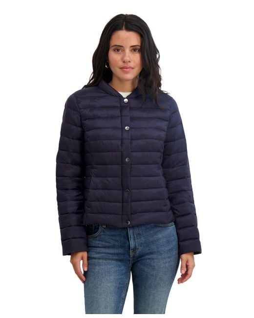 Tahari Blue Lightweight Quilted Stretch Jacket With Snap Closure
