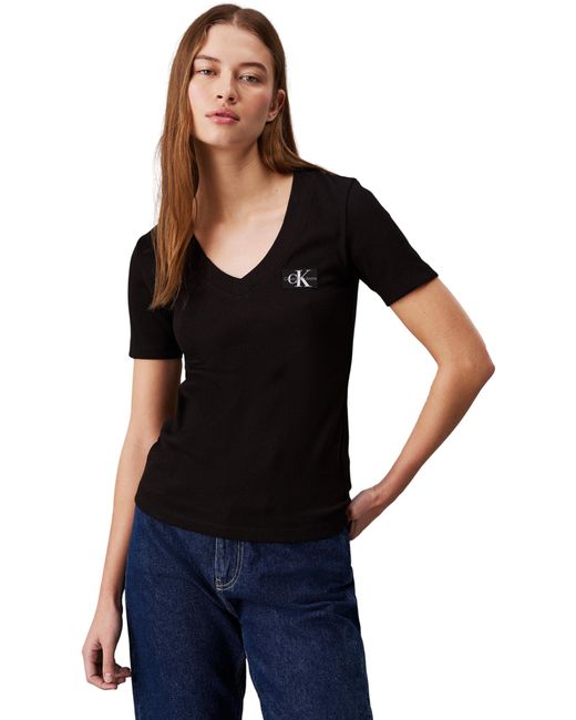 Calvin Klein Black Woven Label Rib V-neck Tee J20j223274 S/s T-shirt